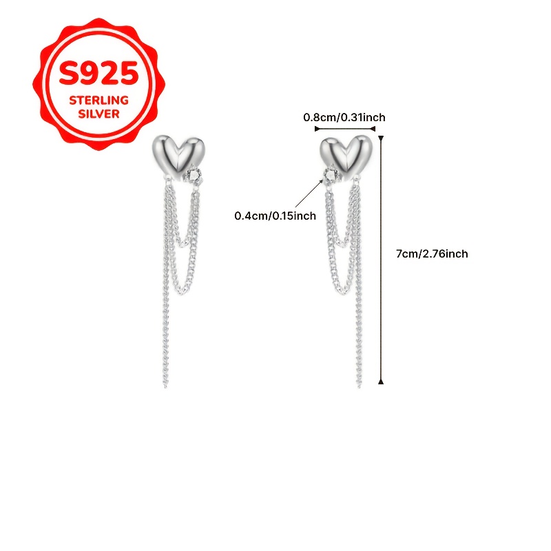 925 Silver Low-Allergy Heart Tassel Earrings